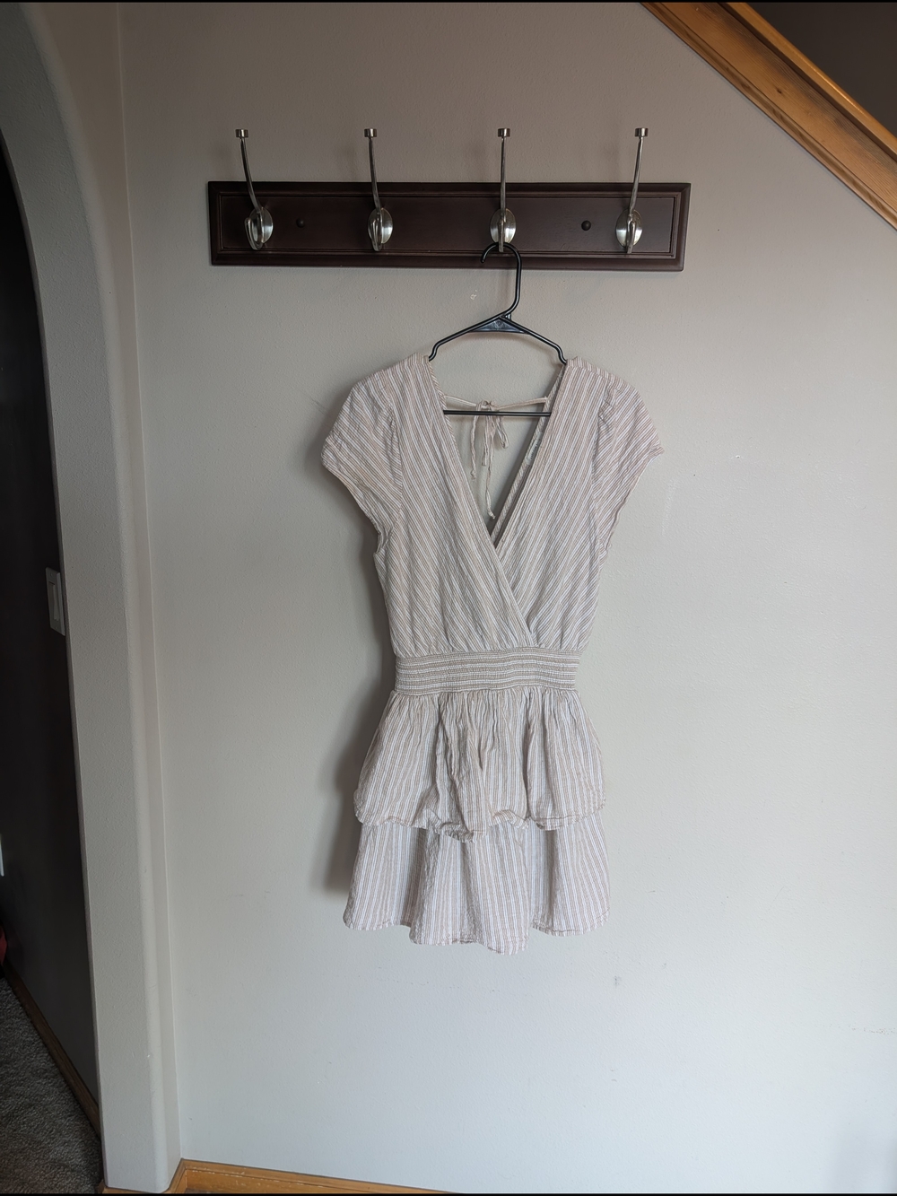 American Eagle Outfitters Cream and Light Pink Striped Wrap Tiered Dress